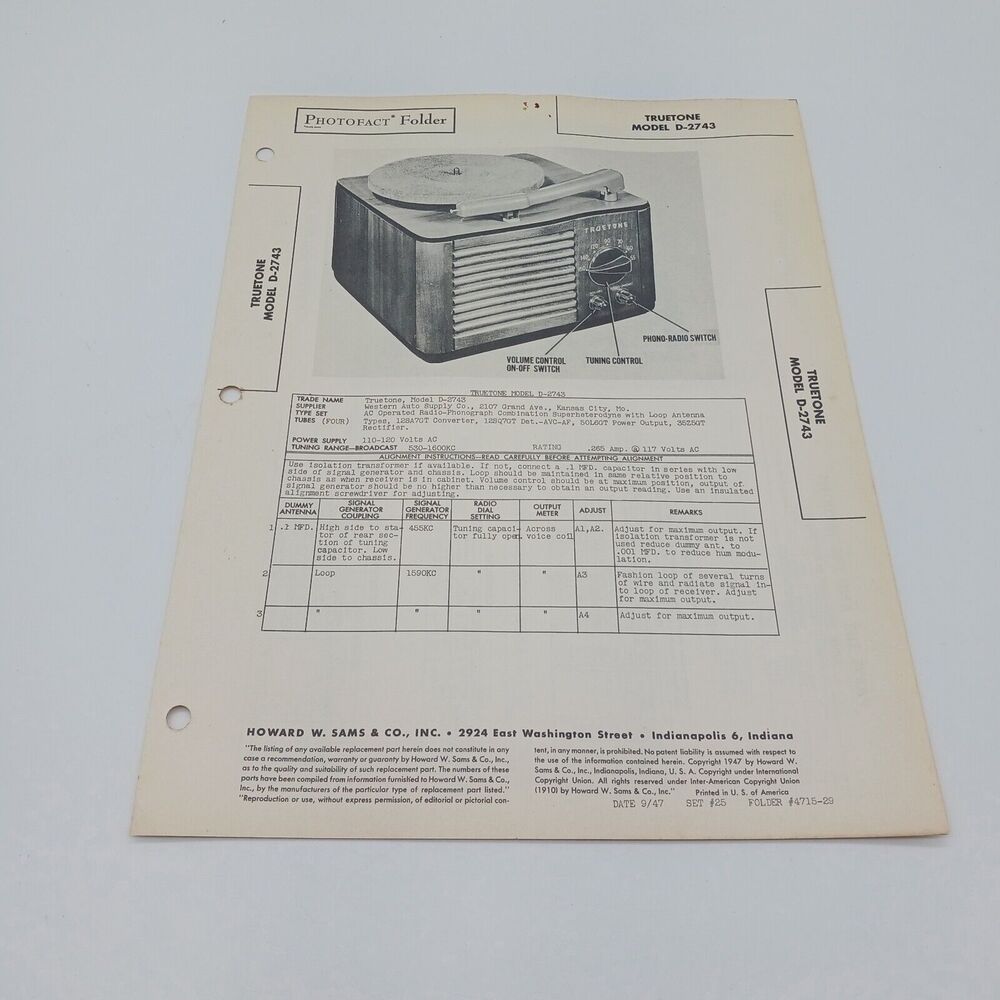 VTG Howard Sams 1947 Radio Photofact Folder Truetone Model D-2743